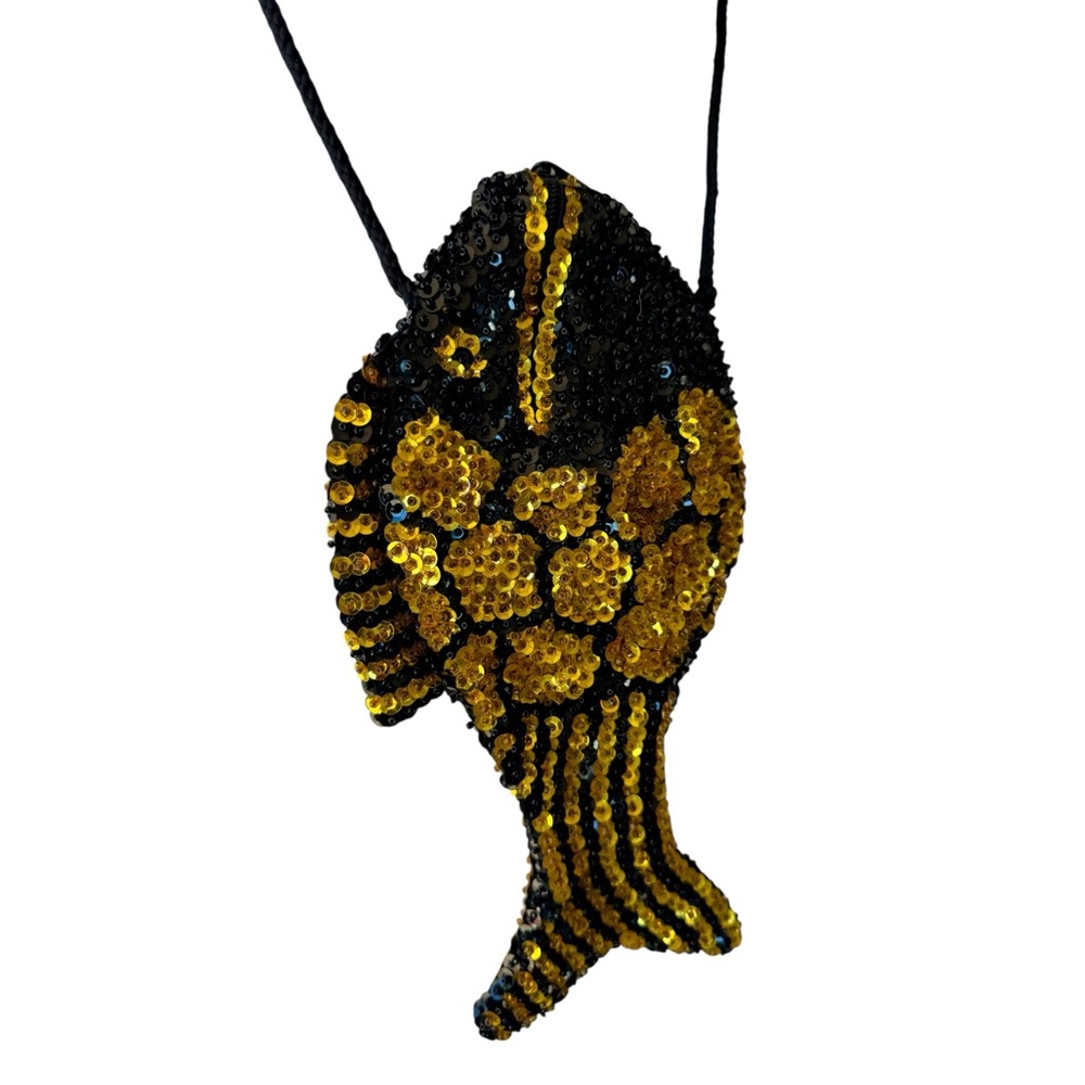 Vtg Sequin Fish Bag Gold Beaded Crossbody Shoulder Resort Beach 70s 80s Boho - Picture 4 of 5